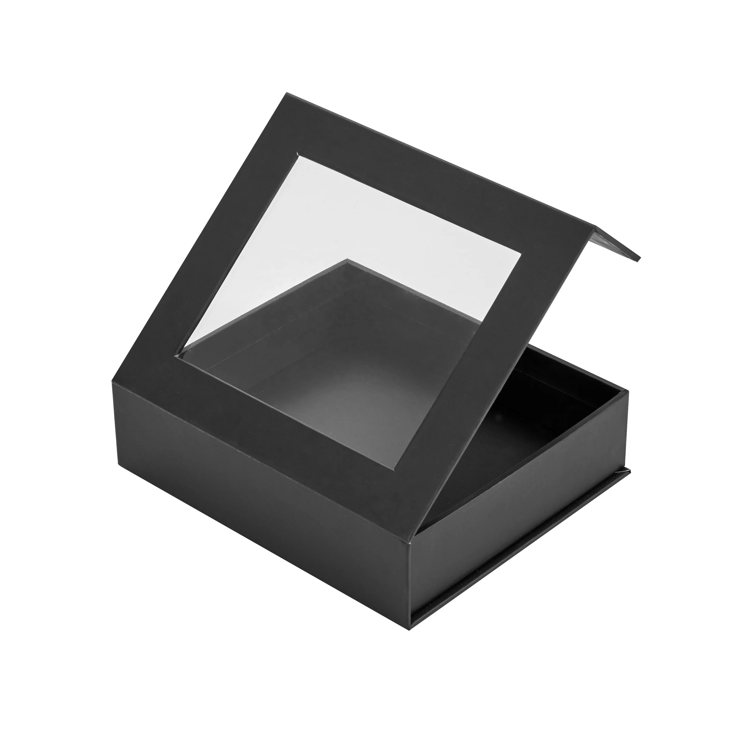 Flip Top PVC Window Black Rigid Cardboard Magnetic Closure Custom Packaging Square Gift Box with Clear Lid