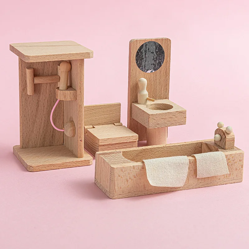 hot sale high quality 4 scene wooden doll house furniture accessories natural solid wood furniture toys