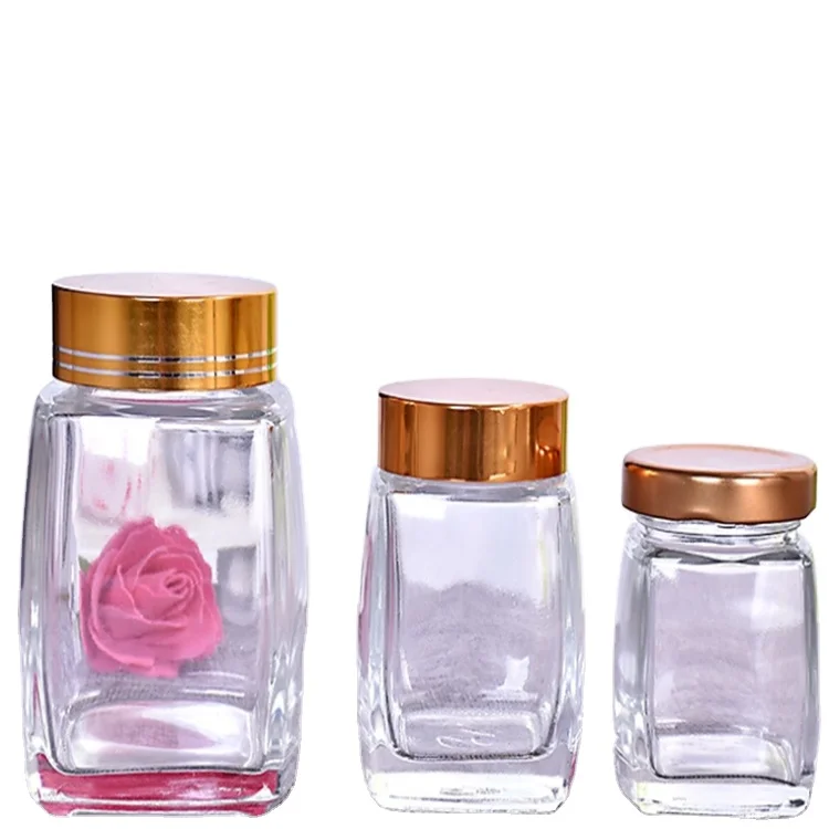 Hot-sale Airtight almond flour glass bottle fish flour unique honey jars with screw cap starch flour food safe packaging