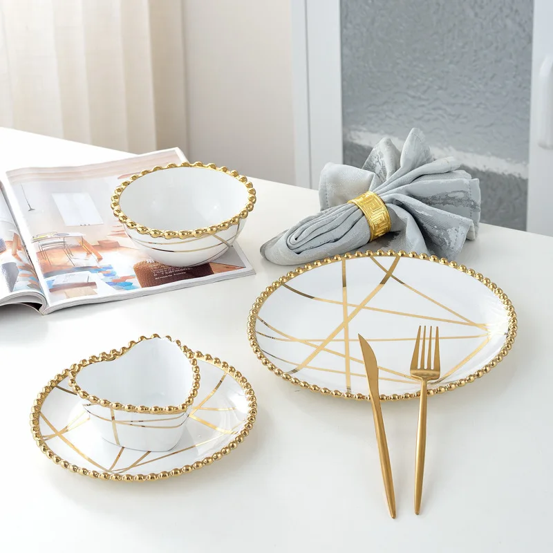 Factory direct sale customizable gold beads rim luxury white porcelain ceramic tableware