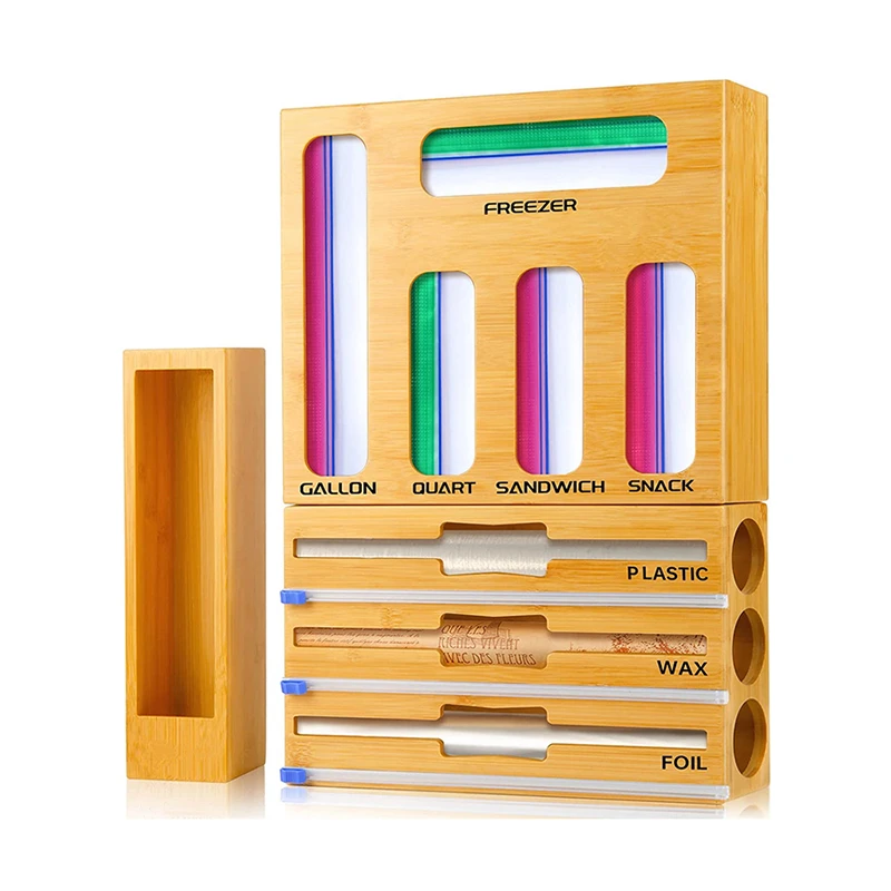 2023 New Design Bamboo Ziplock Bag Storage Organizer for Drawer with Cutter