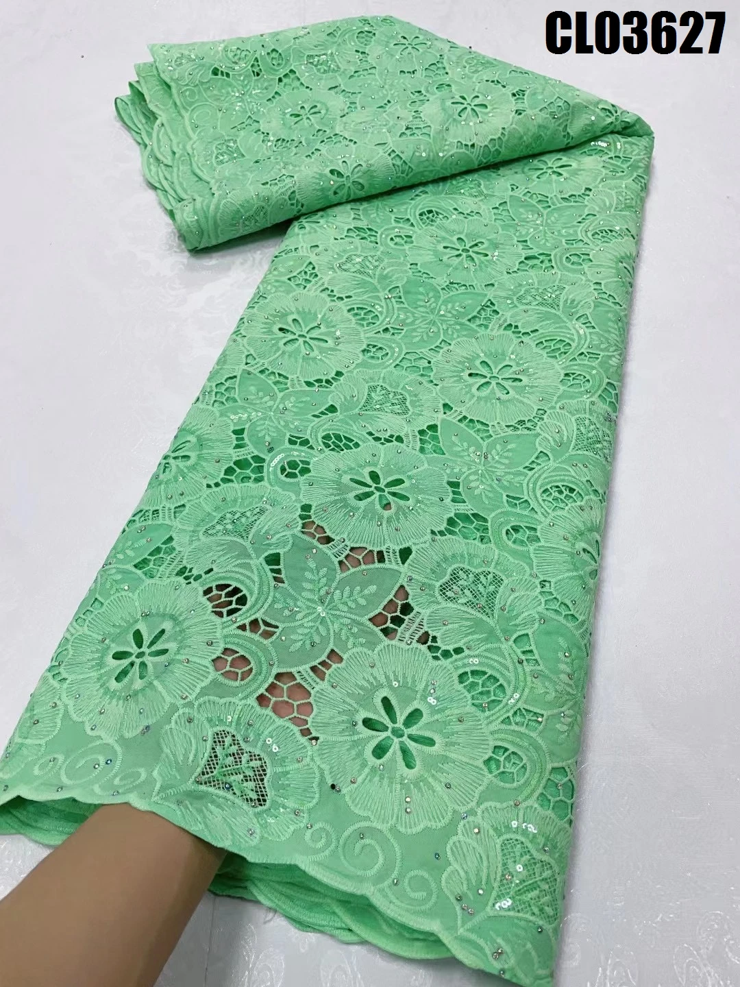 High Quality Mint Green Guipure Lace French Openwork Fabric Gemstone Embroidery African Cope Lace Fabric with Rhinestones