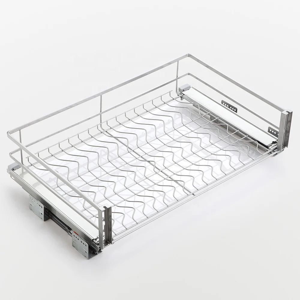 For Kitchen Cabinet 465mm Deep Long Plus Three Sides Flat Stainless Steel Iron Metal Drawer Pull Out Wire Storage Baskets Basket