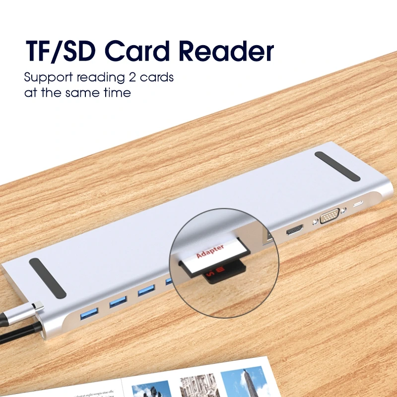 11 in 1 USB Hub Laptop Docking Station USB 3.0 Hub HDTV VGA PD Charging SD TF Card Reader Type C Converter Hub