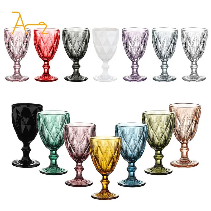 Hot selling wedding use products 2023 new design colored glassware vintage glass goblets unique embossed drinking wine glass