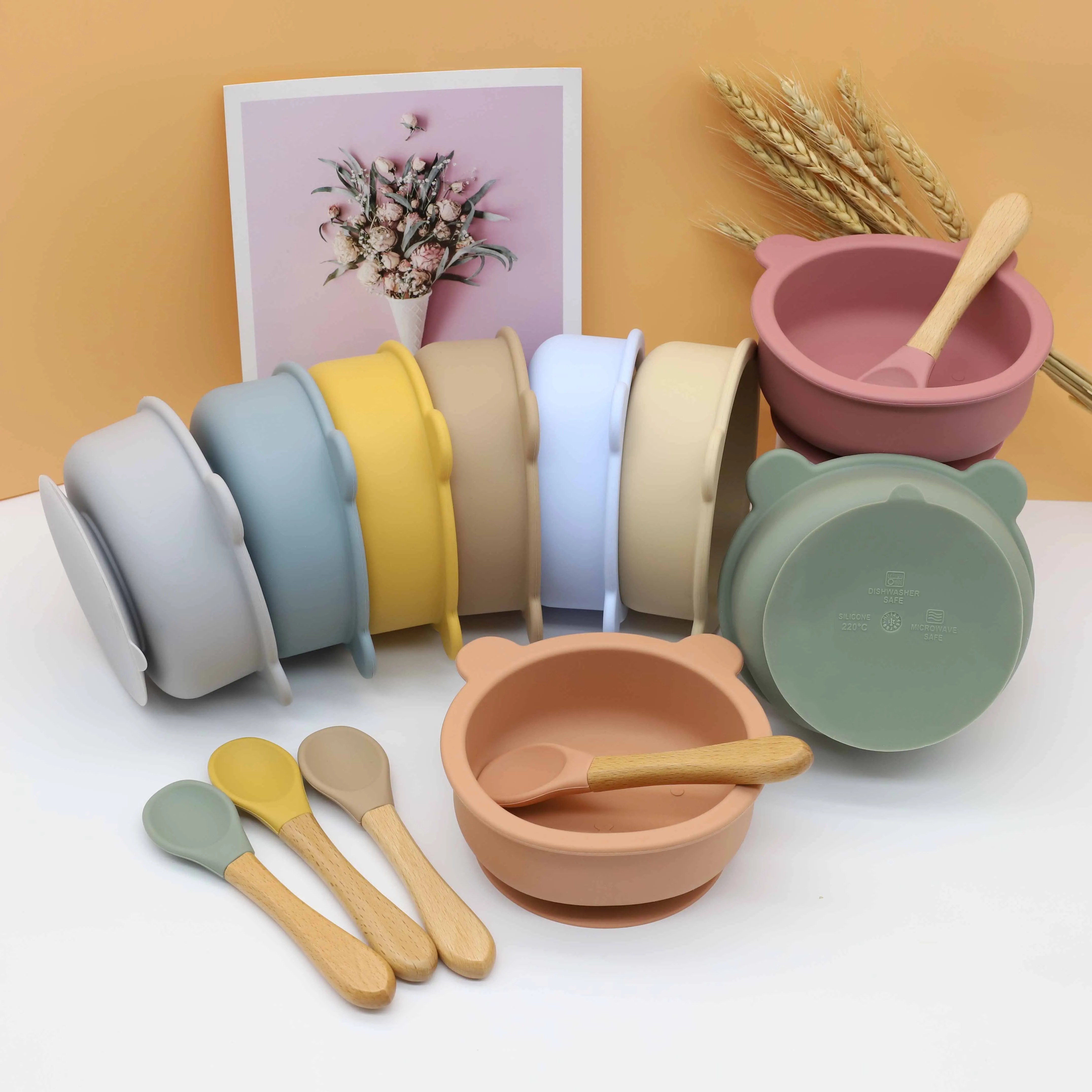 Safety Baby Solid Plain Colors Soft Silicone Baby Bibs bear bowl 2-in-1 sippy snack cup spoon fork Easy to Clean and Waterproof