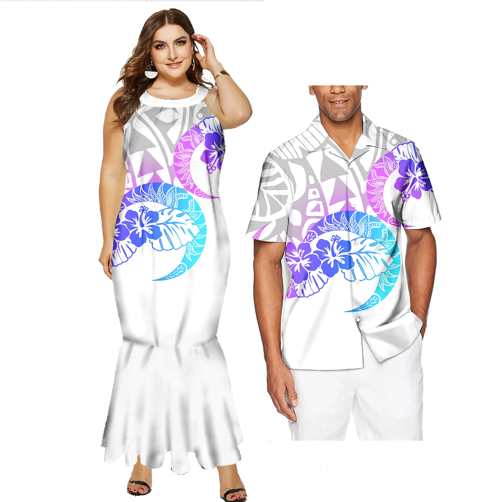 2024 Polynesian Style Couples Matching Outfits Dress Shirts Tribal Print Women Beach Party Maxi Dress And Men Sets