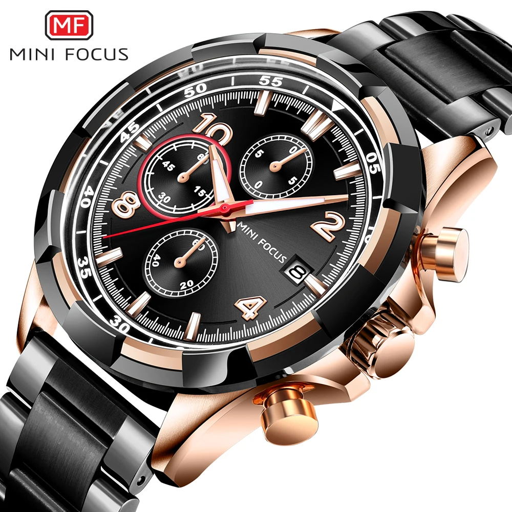 
Mini focus 0198 stainless steel chain black color wrist watch custom cheap chronograph luxury analog watches for men 