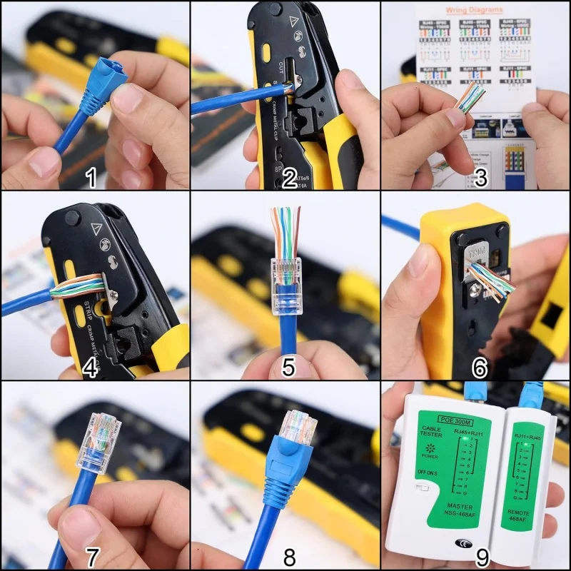 8P 6P RJ45 RJ12 RJ11 Pass Through Connectors Modular Crimper for  Cat5 Cat6 Cat7 Cat8 Strip Cut Crimp Tool Ethernet Crimper