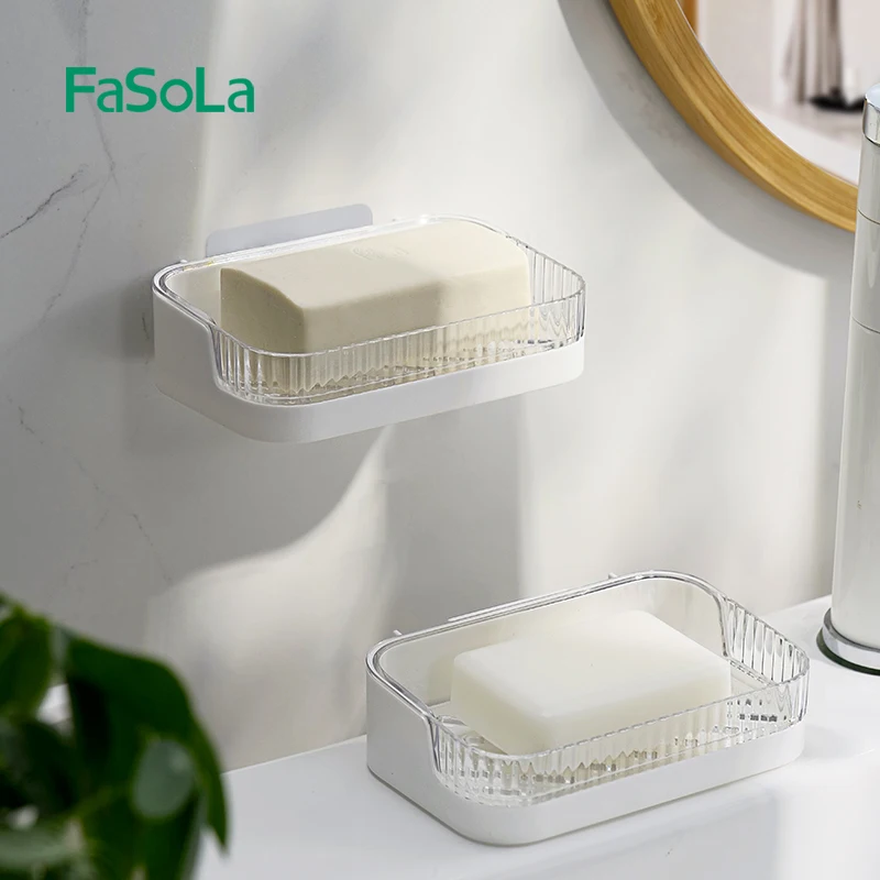 FaSoLa Plastic Wall Mounted Soap Dish Holder Soap Saver Dish Soap Tray Dispenser Bathroom Kitchen Sink Organizer
