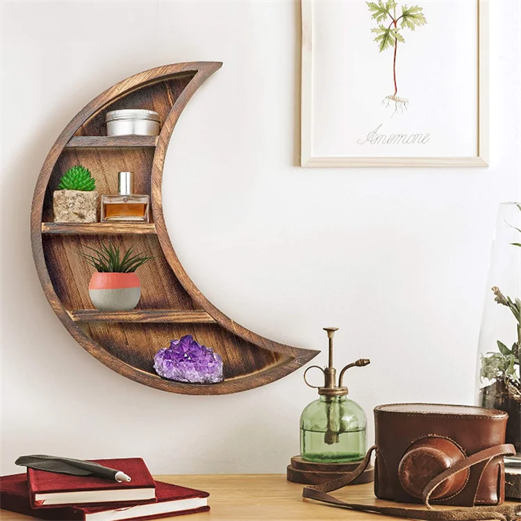 Novel design custom color wood boho style crescent moon shelf wall decor storage shelves