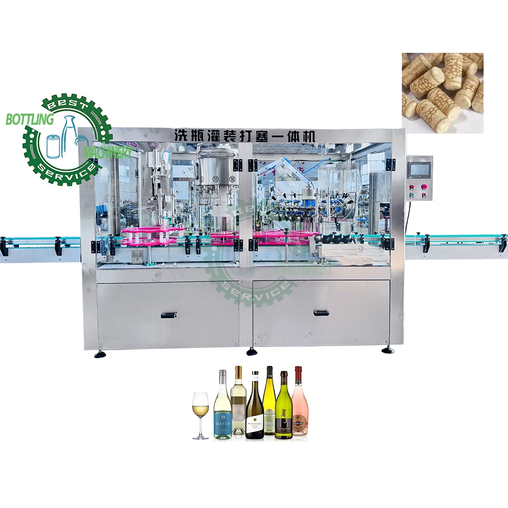 Rotary T-Cork stopper wine alcohol whisky champagne low vacuum auto 3 in 1 glass bottle washing filling cork capping machine