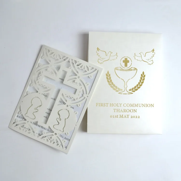 Custom baptism box laser cut cross first holy communion invitation