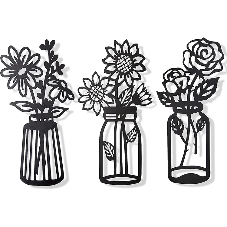Custom Laser Cutting Metal Flower Wall Art Decor Black Finish Flower Iron Decor Metal Wall Sculpture