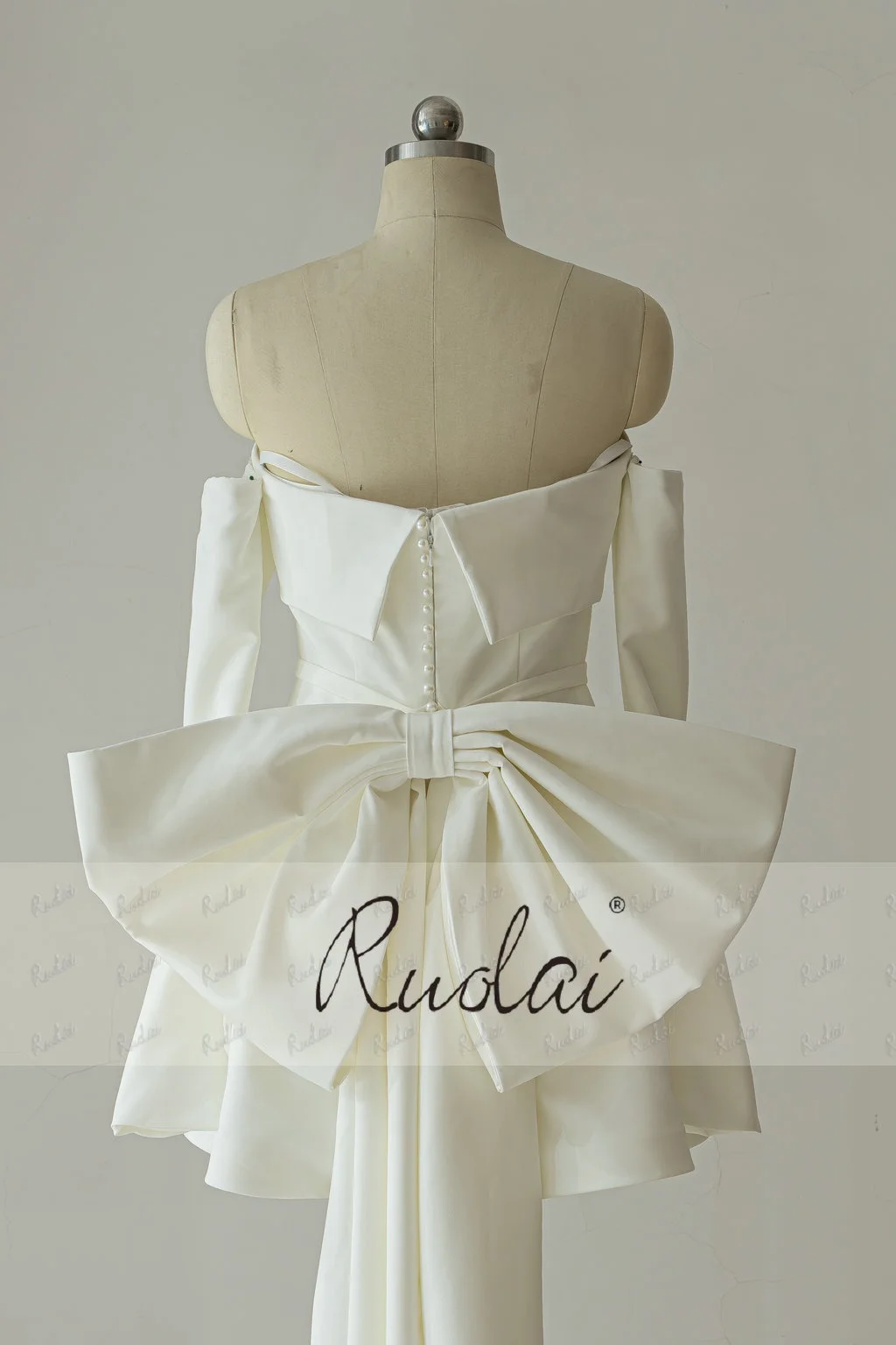 Ruolai QD06322 мини-платье с открытыми плечами и длинным рукавом большим бантом свадебное платье невесты