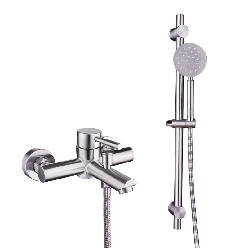 cheap satin 304 SUS wall mount Lavatory Shower Faucet single lever bath mixer with hand shower and slide bar