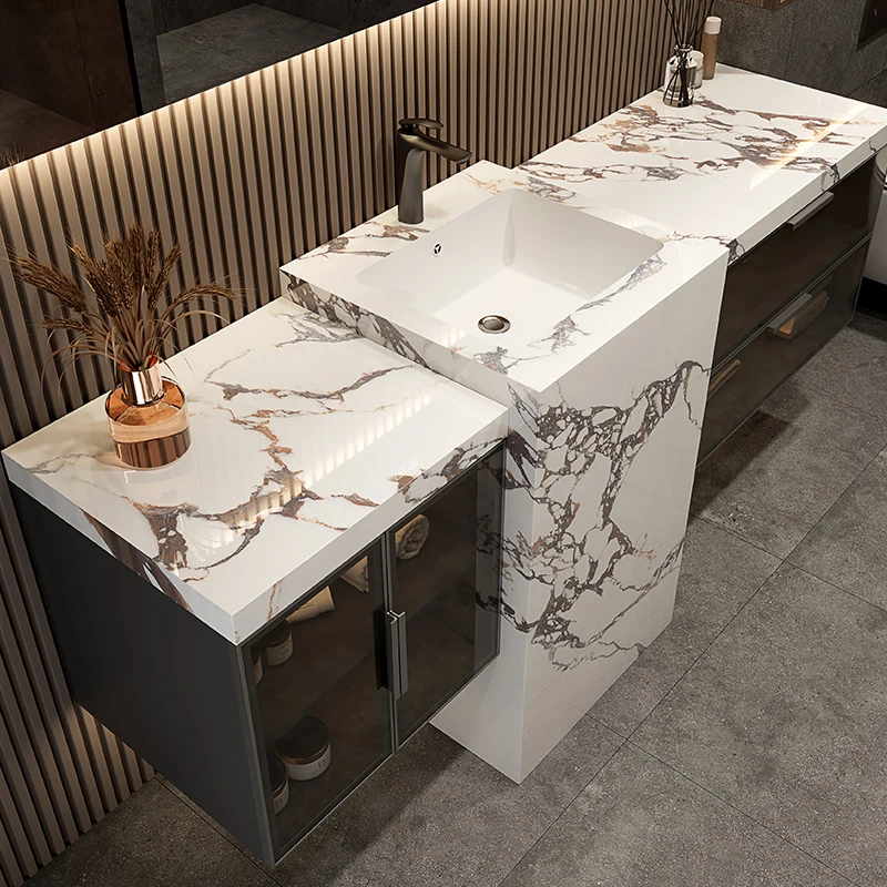 Bulgari Modern Rock Plate Seamless All-in-One Basin Bathroom Cabinet Customized Lacquer Finish Floor Column Washbasin