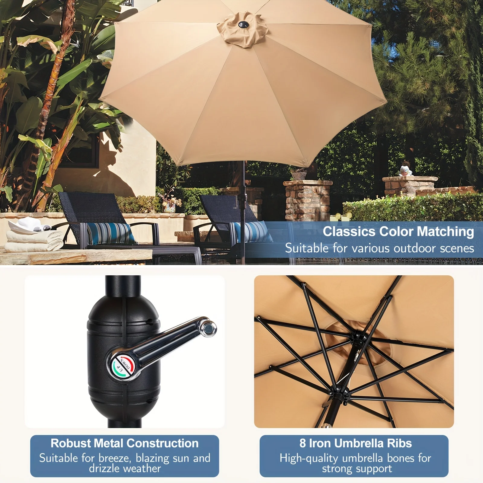 Outdoor Patio beach Umbrella 8 Iron Umbrella Ribs Robust Metal Construction garden yard farm fishing camping sunshade umbrella