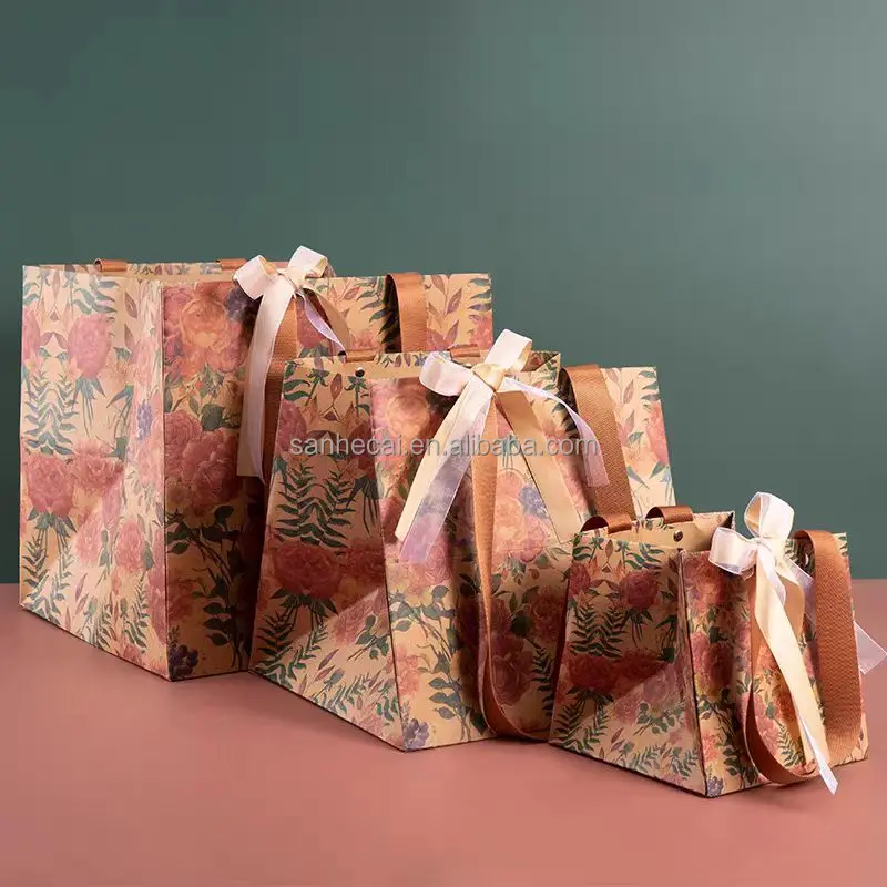 Handmade Retro Rose Kraft Paper Bag for Clothing Store Facia Mask Shoe Box Packaging Custom Logo Digital Printing for Gift Bag