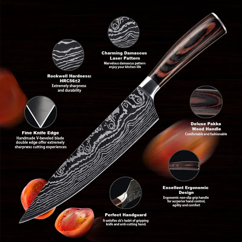 
Konoll Amazon Hot Sales 8 INCH Color Wood Handle Kitchen Cook Knife OEM/ODM 7cr17Mov Steel With Laser Damascus Pattern 