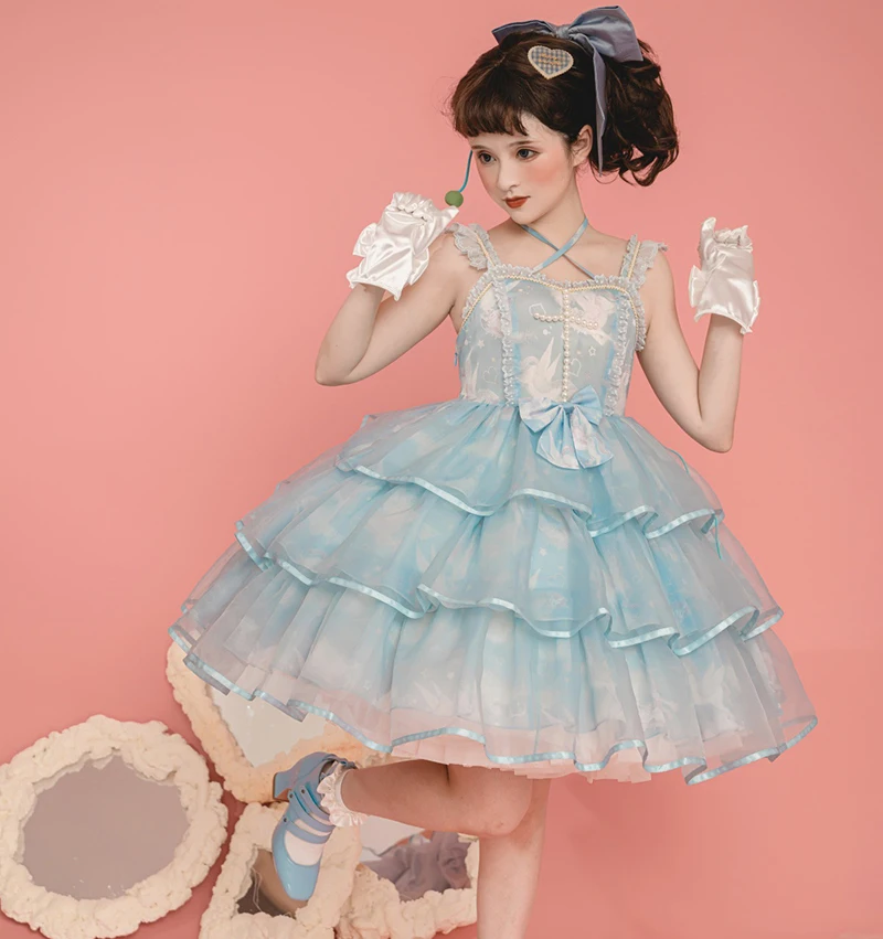 Summer soulier vintage casual JSK Women Skirt Costumes cake organza blue rhinestones girl lolita dress uniforms