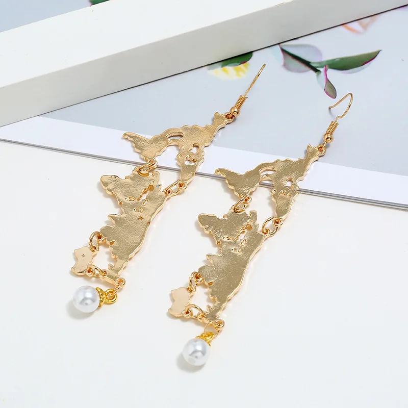 202014k gold jewelry wholesale alloy long drop pearl statement world map earrings for women