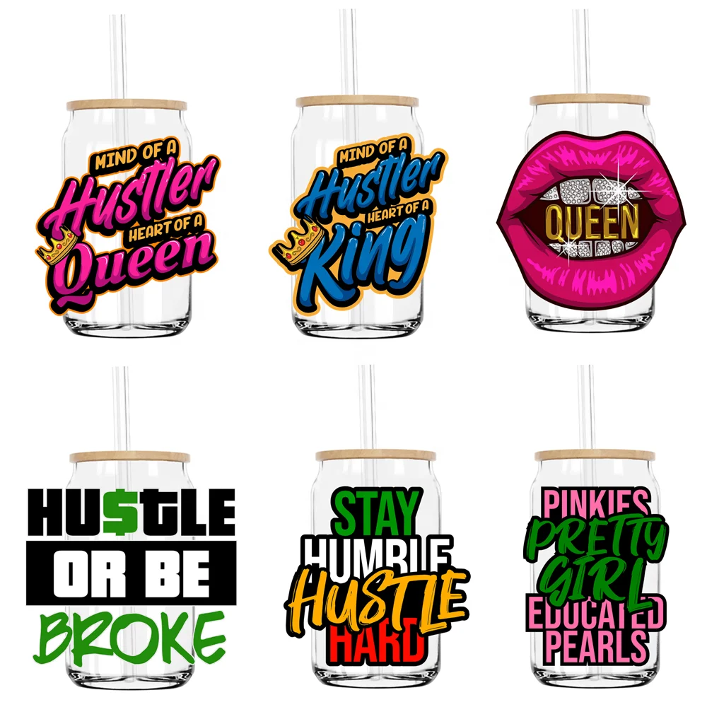 Пользовательские 4-дюймовые виниловые наклейки с логотипом Hustle Queen King 3D 16oz UV мультяшный медведь DTF для стеклянных стаканов Libbey