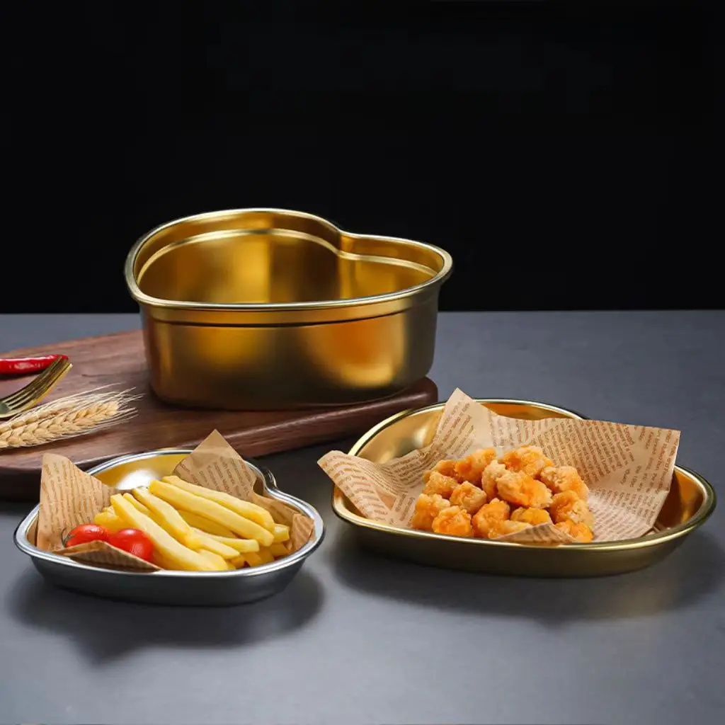 New Style Metal Dinnerware Serving Dishes Gold Silver Heart Shaped Stainless Steel Tray