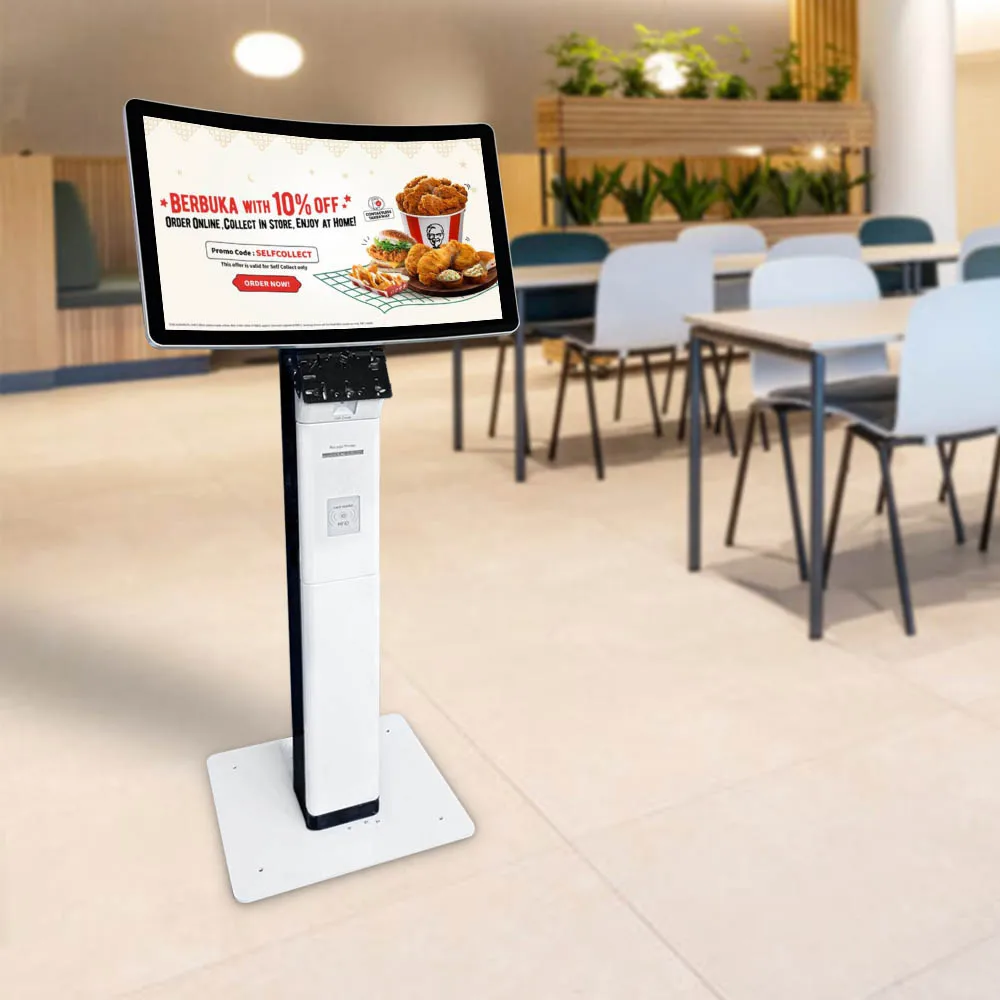 New arrival landscape 23.6/32 inch curved touch panel pc android system pos stand nfc/rfid card reader cash(less) payment kiosk