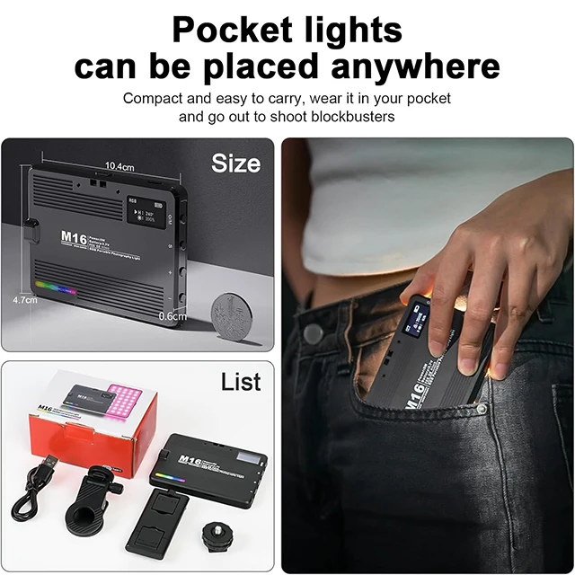 RGB multi-color adjustable mini Camera light led Video camera phone Fill light Square pocket light M16