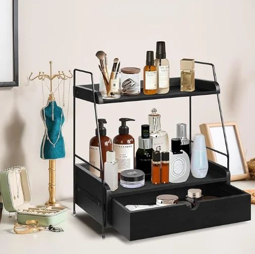 Modern 2 Tier Wood Organizer Countertop with Drawer Coffee Bar Organizer Display Stand Storage Box For Kitchen And Bathroom