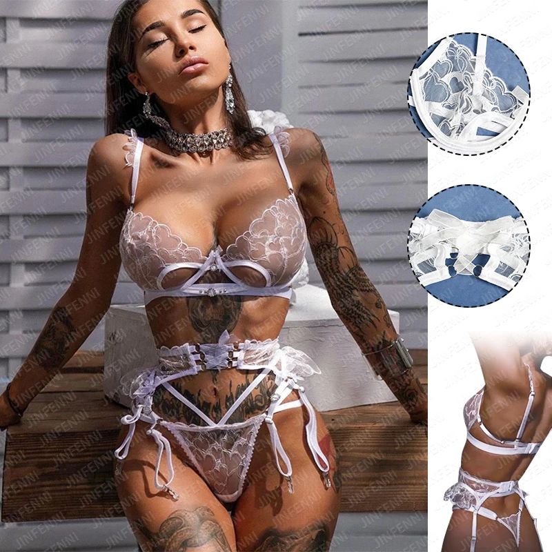 Women Sexy Sparkling Fine Dentelle Hollowed Out Lingeries Sex Strappy Rhinestone Buckle Embroidery Suspenders Sexy Lingerie Set