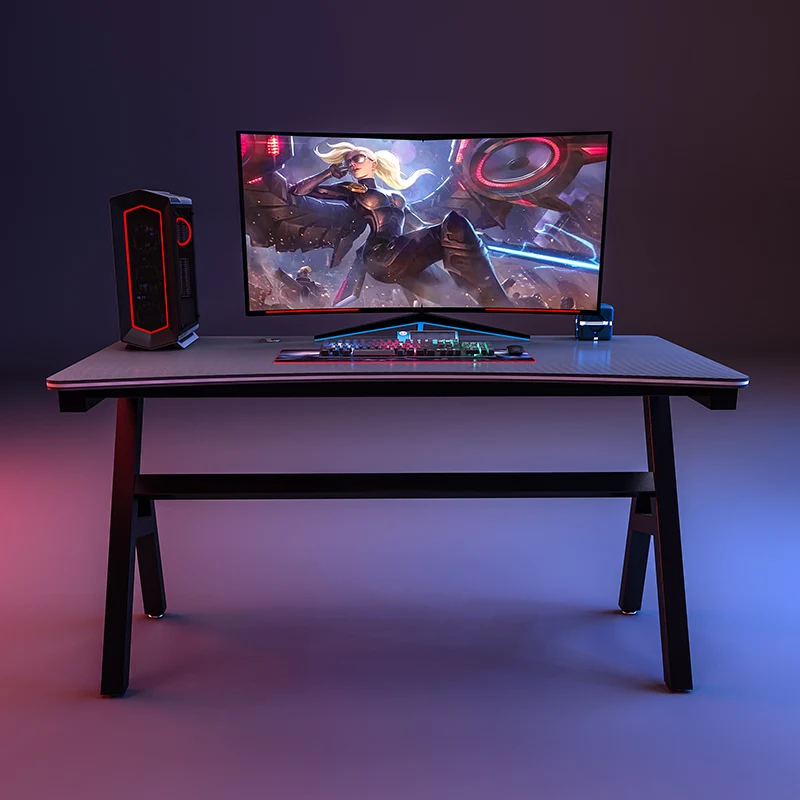 Free Sample Hot Sale Home Black Office Computer Desk K Shaped Corner Leg Cheap Gaming Table with Carbon Fiber Texture