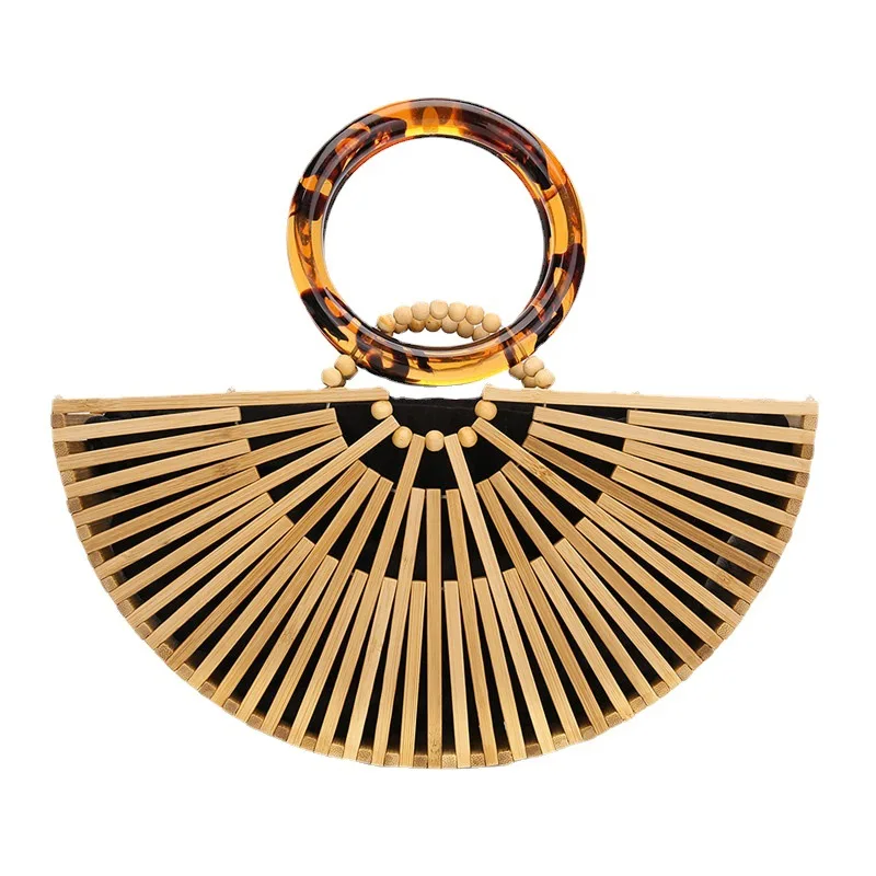 Unique design fashion cutout sector straw beach bag acrylic handle summer handbag 2022 rattan bags bali woven with liner