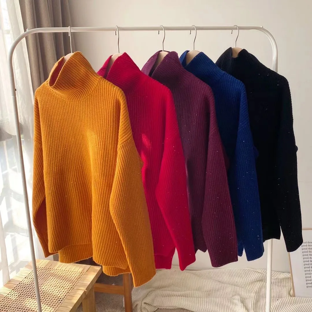
Korean version of 100%wool shiny silk luxury bottoming shirt pit knit pullover sweater women 