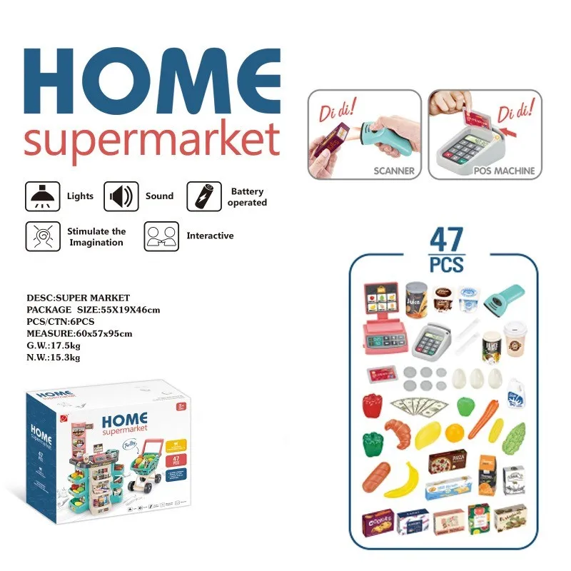 Hot Selling Kids Simulation Supermarket Cash Register And Cart Game Play House Toy With Scanner Pos Machine And Sound Light