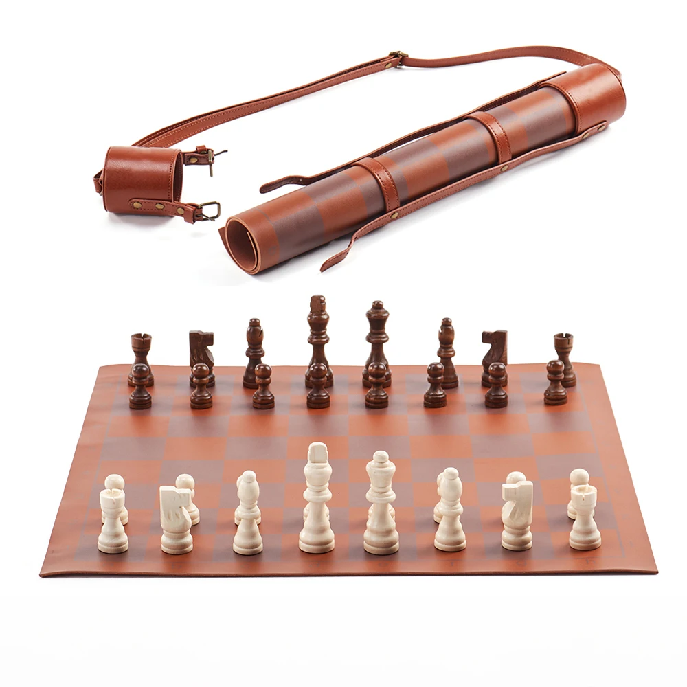 Custom Leather Tournament Chess Board Game Bag Professional Portable Luxury Travel Roll Up Chess Set with Shoulder Strap