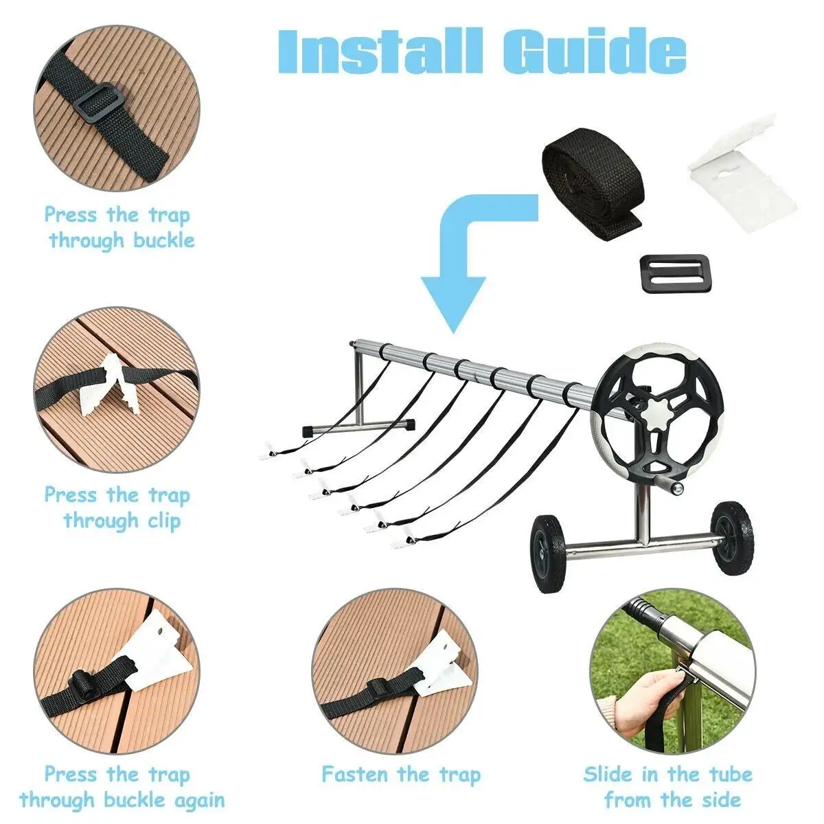 Above ground swimming pool roller cover reel with stainless steel frame aluminum tubes