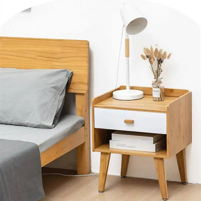 HOSTK Modern And Simple Bamboo Nightstand With 1And 2 Storage Drawer  For Living Room Or Bedroom