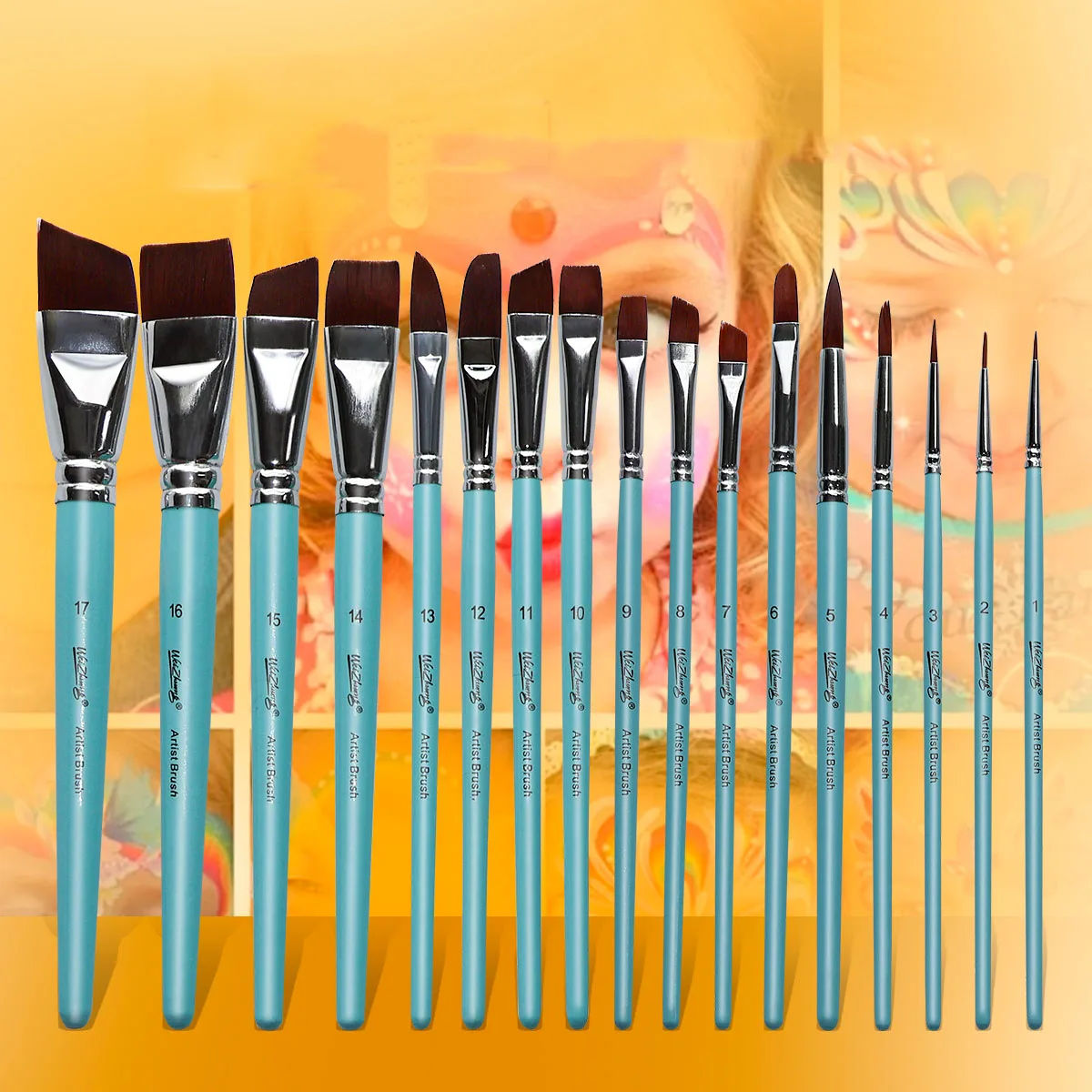 Factory Wholesale 17pcs Synthetic Hair Face Body Painting Brush Blue Wood Handle Detail Paint Brushes Set