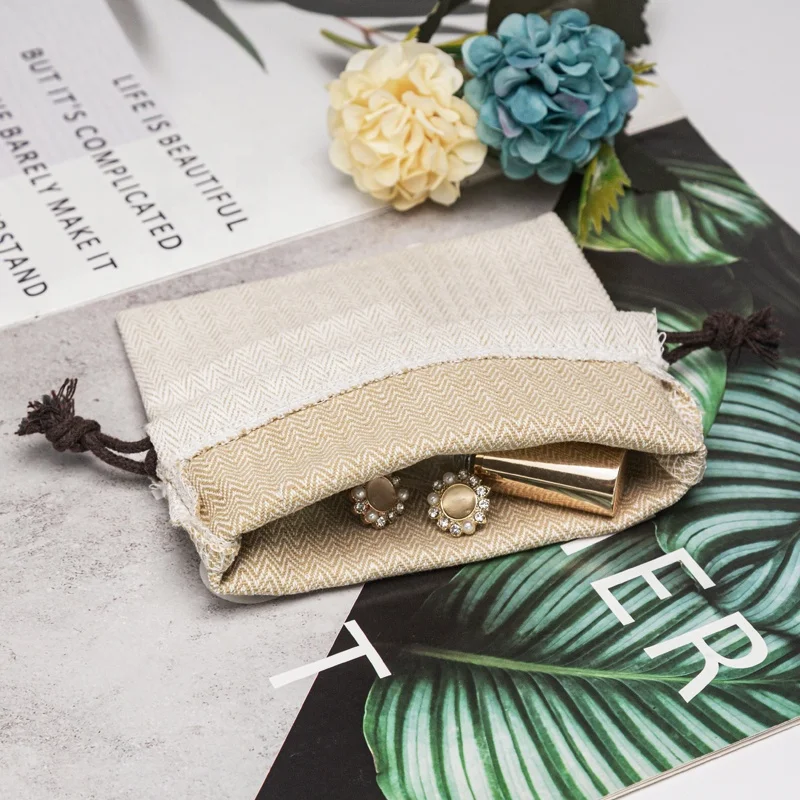 Custom Logo Recyclable High Quality Herringbone Cotton Drawstring Dust Packaging Bag Jewelry Gift Pouch