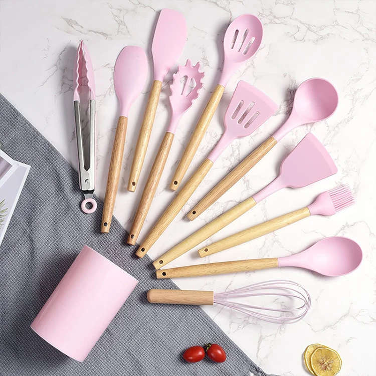 12pcs Wooden Handle Kitchen Cooking Set Non-stick Silicone Kitchen Utensil Set With Holder Box