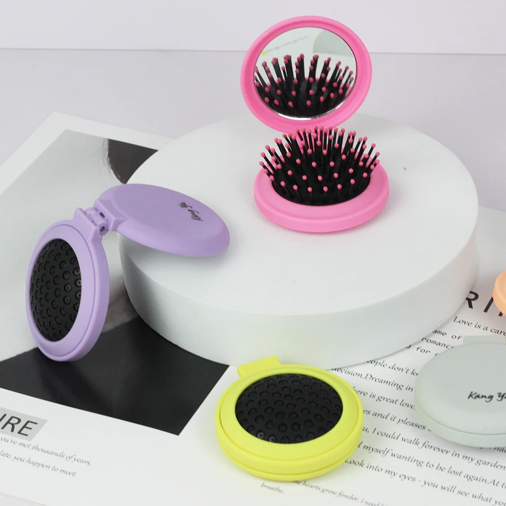 Customized Logo Portable  Pocket Small Travel Detangling Massage Airbag Hair Combs Circular Safety Mini Folding Mirror Comb