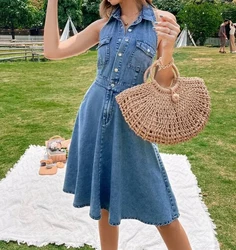 Trendy New Women Flap Pocket Backless Halter Denim Dress Ladies Jeans Dresses