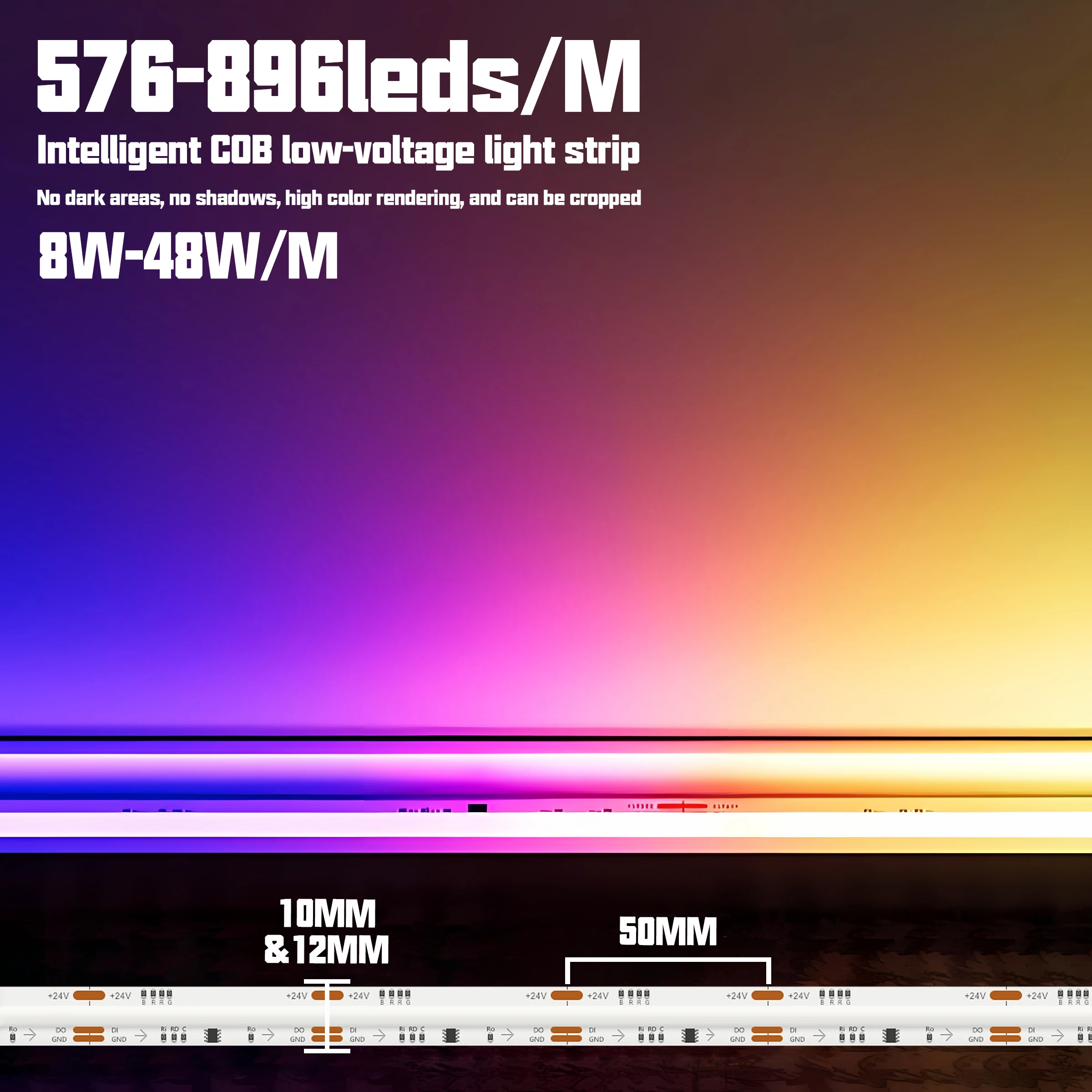 Ws2811 Ic Rgb Cob светодиодные полосы света 576 светодиодов/м Dc24V 12 В 10 мм ширина адресуемой высокой плотности светодиодный чип гибкая лента