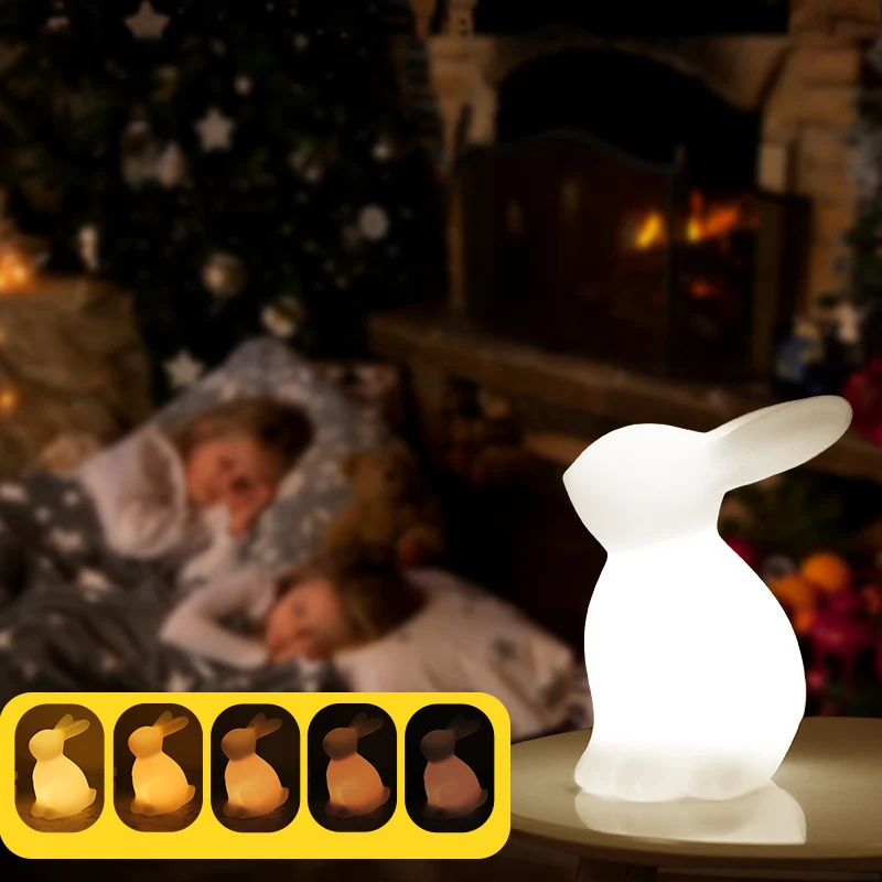 Высококачественный полиэтиленовый затеняющий светильник с батарейным питанием, меняющий цвет светодиодный креативный перезаряжаемый ночник в виде кролика для детей, настольная лампа