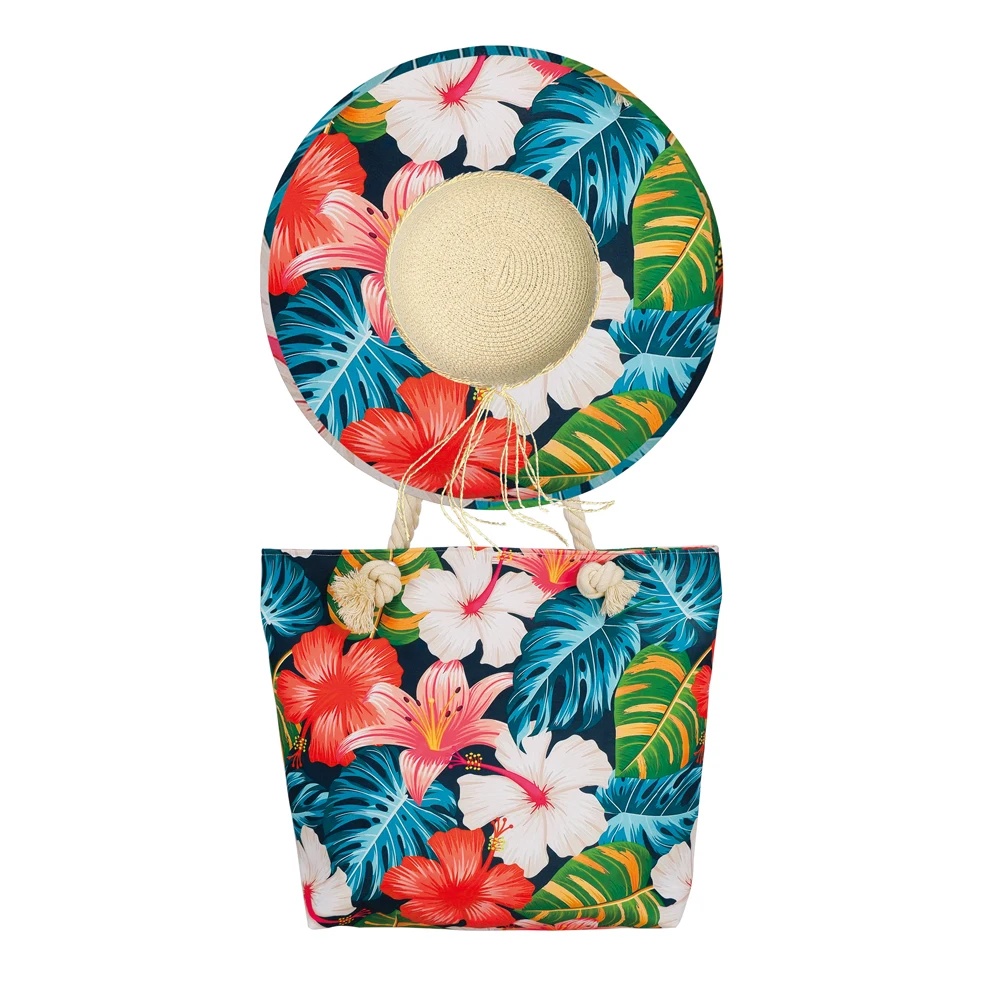China factory  island style women hats bags matching holiday large tropical straw hat and beach bag set