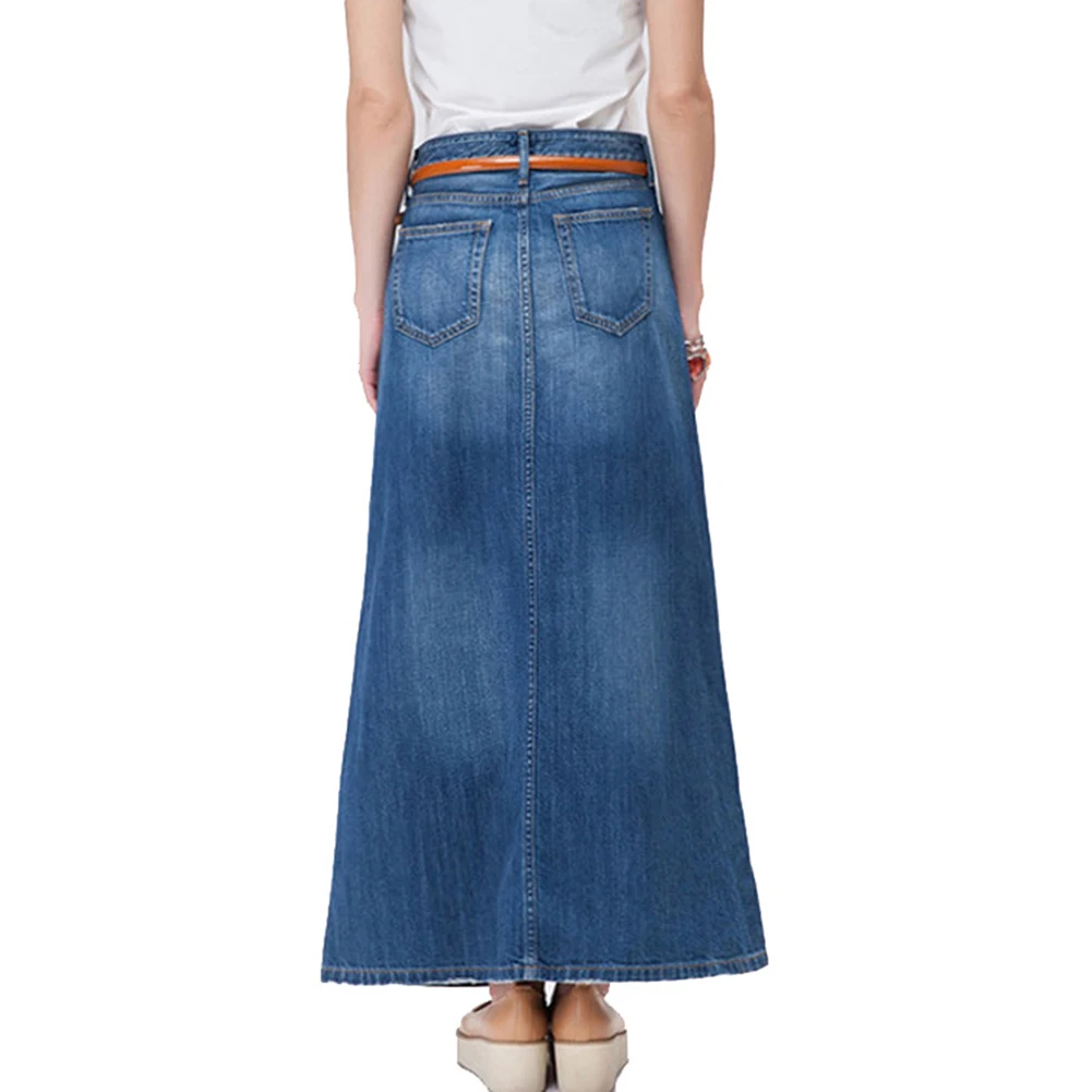 Wholesale Women Elegant Long Jeans Skirt Blue Casual Pocketed Denim Maxi Skirt