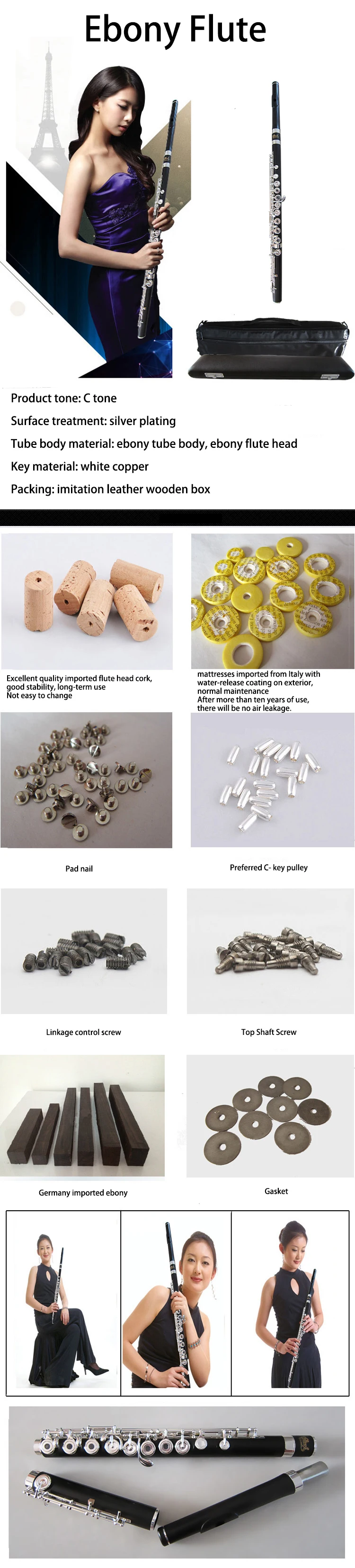 17 Hole Dual Use With Open Holes Natural Ebony Body And Head Joint Silver Plating Professional Flute