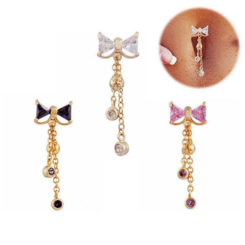 Wholesale Trendy New Arrivals Women Jewelry Butterfly Knot Colorful Zircon Long  Drop Stainless Steel Navel Piercing Jewelry